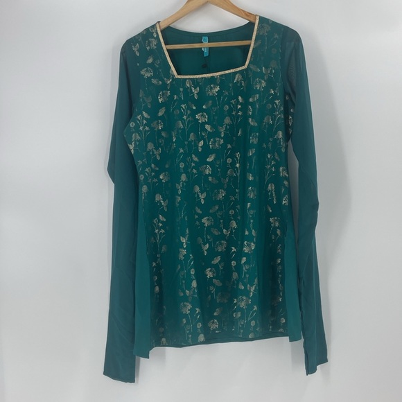 Janasya 2 Peice set teal green tunic & flare bell bottoms gold metallic florals - Picture 3 of 16